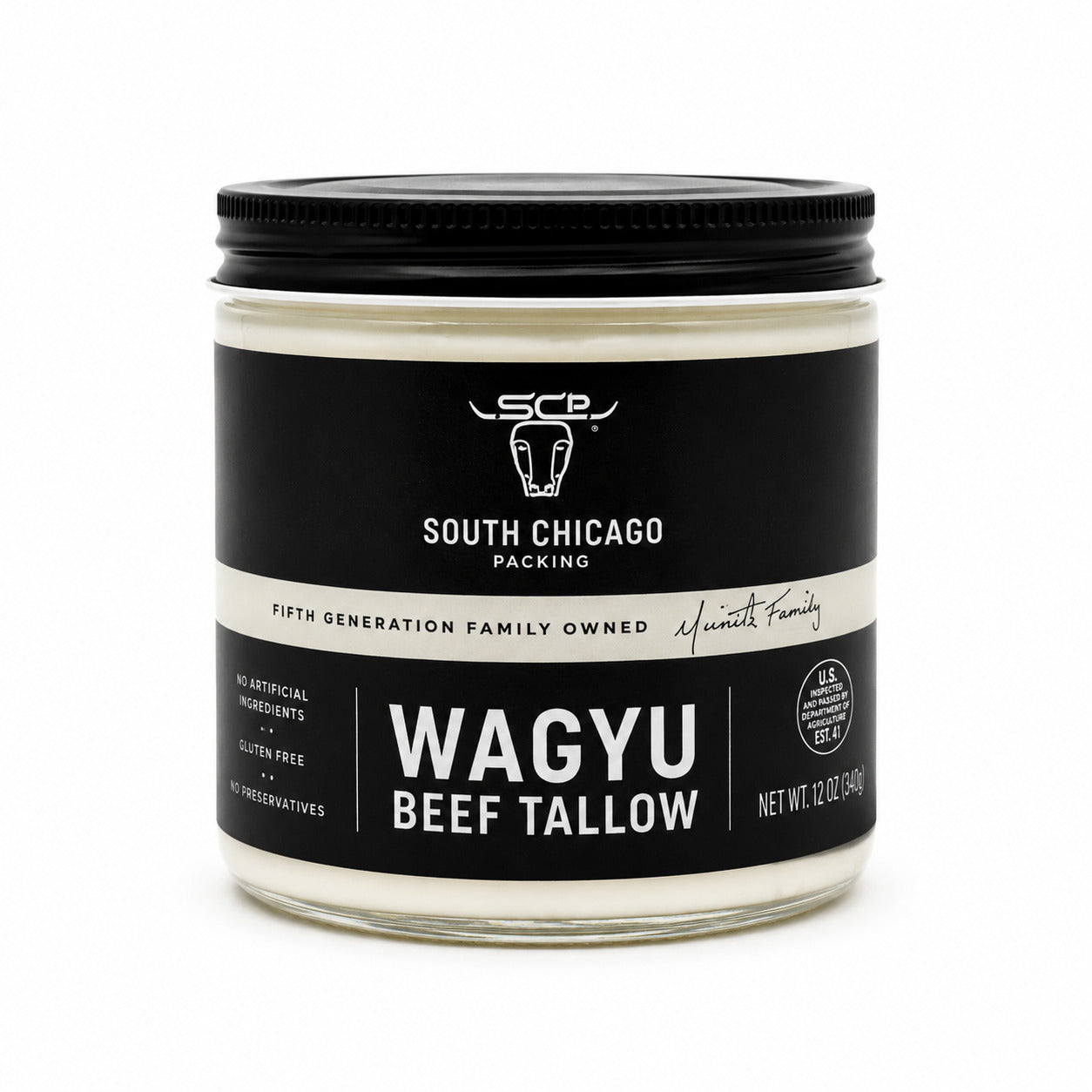 Jar of South Chicago Packing Wagyu Beef Tallow on a white background
