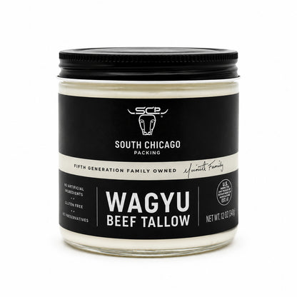 Jar of South Chicago Packing Wagyu Beef Tallow on a white background