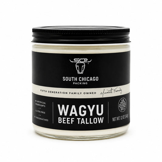 Jar of South Chicago Packing Wagyu Beef Tallow on a white background