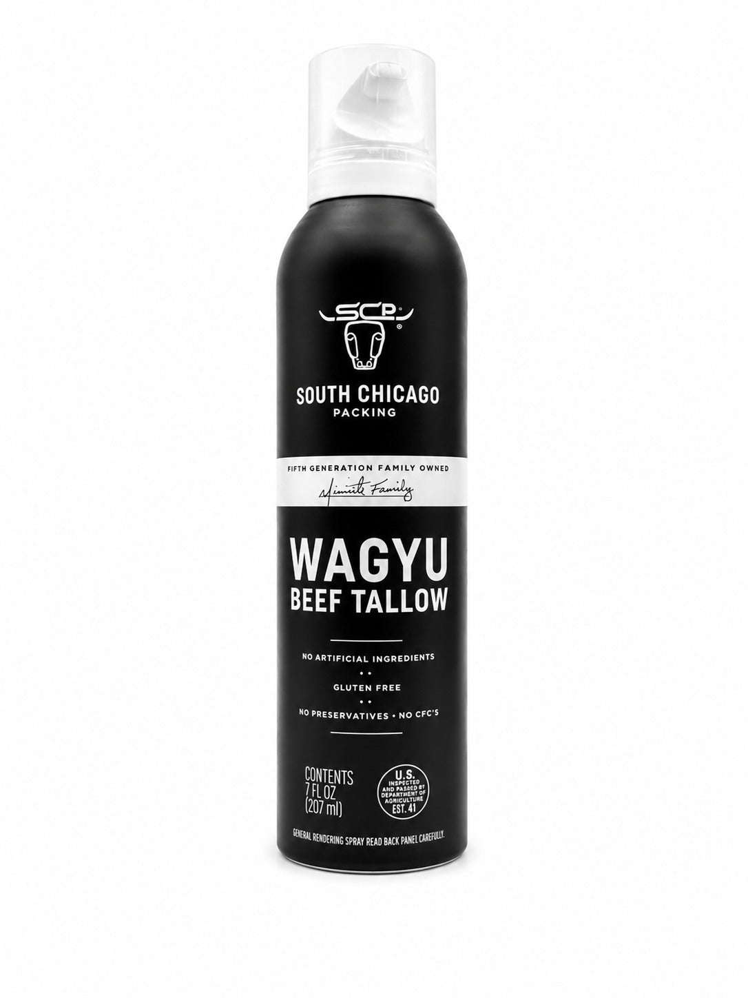 Black spray can of South Chicago Wagyu Beef Tallow on a white background