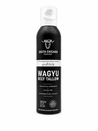 Black spray can of South Chicago Wagyu Beef Tallow on a white background