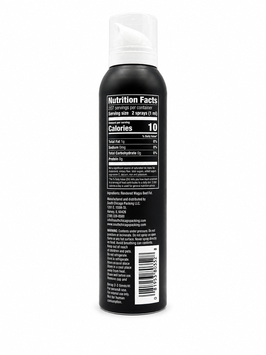 Black spray can with nutrition facts label on a white background