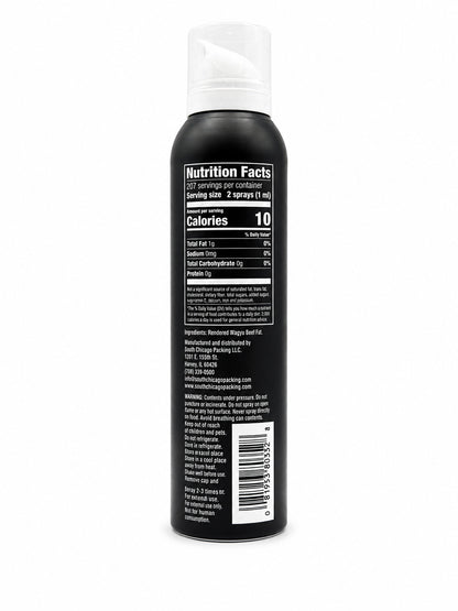 Black spray can with nutrition facts label on a white background