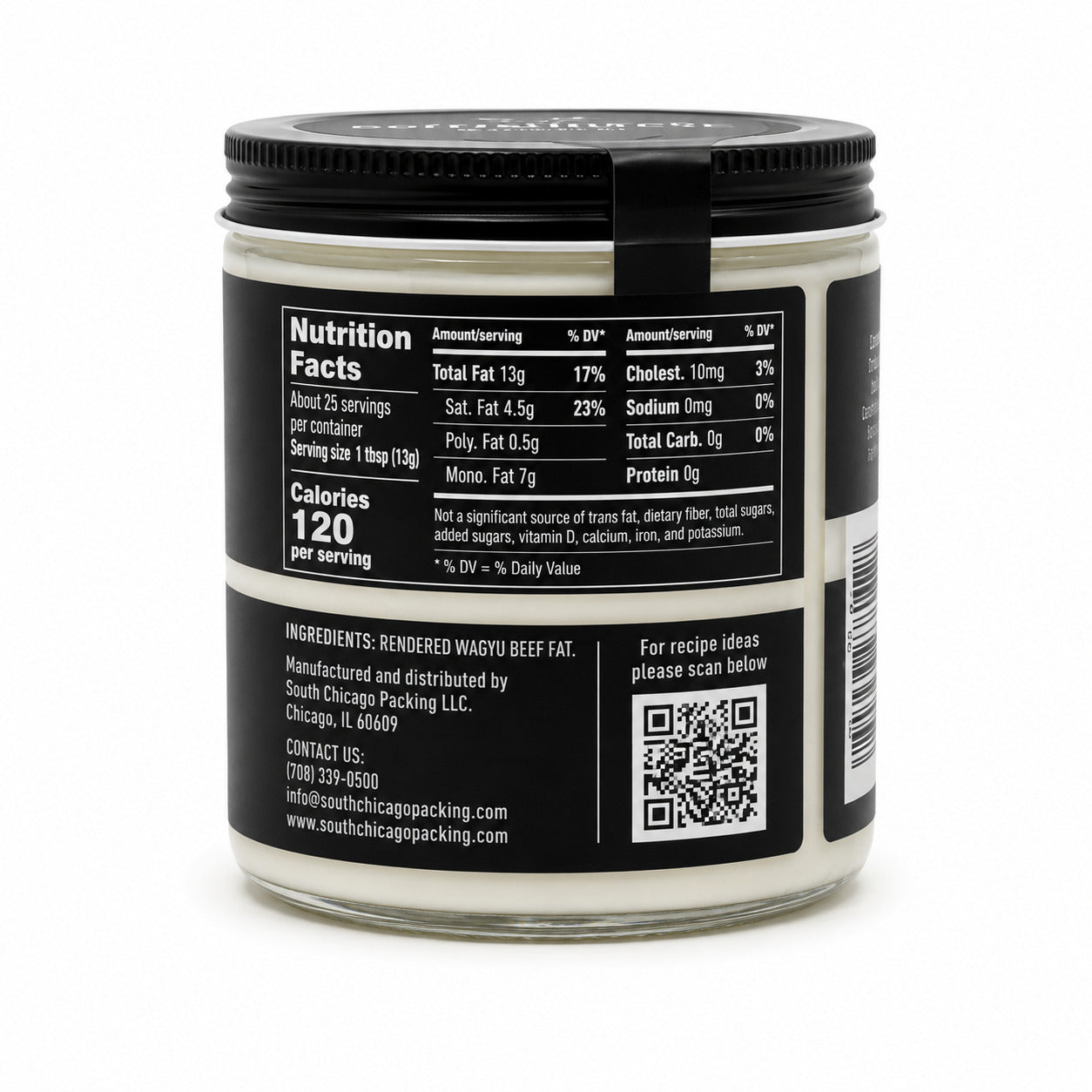 Container with nutrition facts label and QR code on a white background