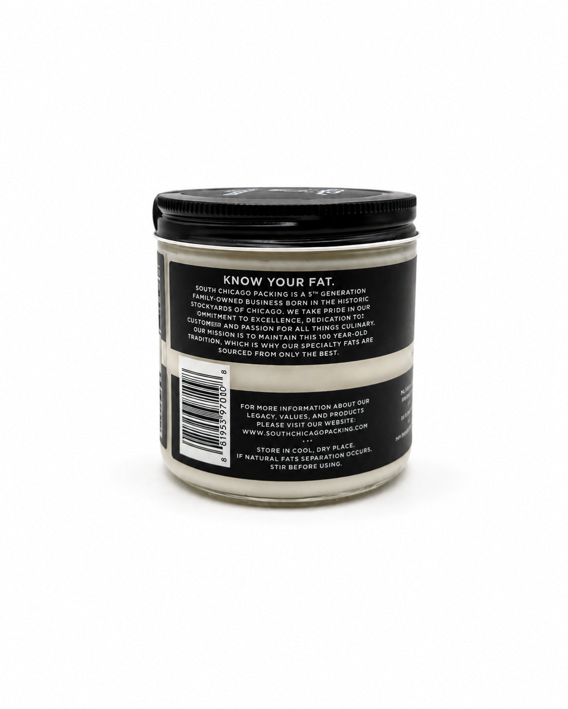 Back of a jar with 'Know Your Fat' branding on a white background