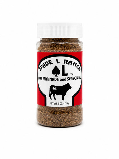 Spade L Ranch beef marinade and seasoning jar on a white background