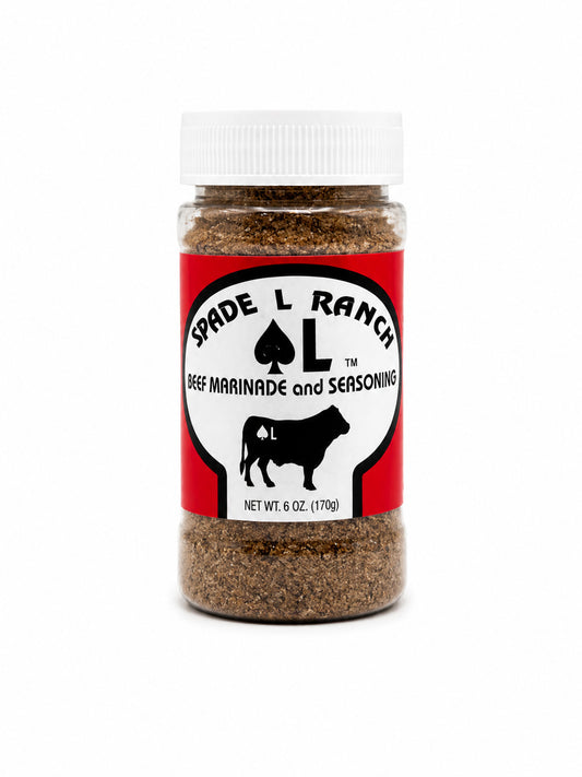 Spade L Ranch beef marinade and seasoning jar on a white background