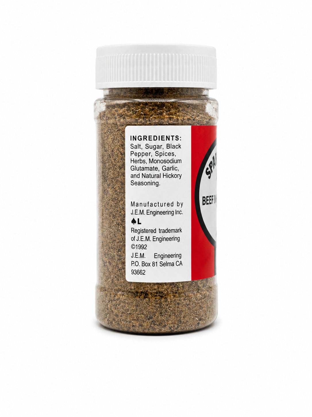 Spice jar with ingredients label on a white background