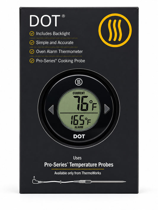 DOT alarm thermometer packaging with digital display on a black background