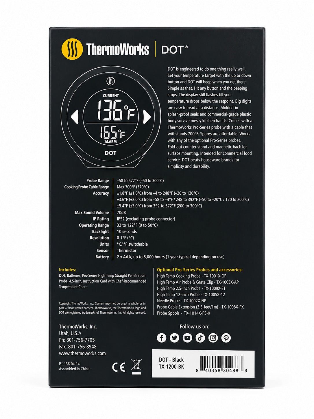 ThermoWorks DOT thermometer packaging with digital display and text on a black background
