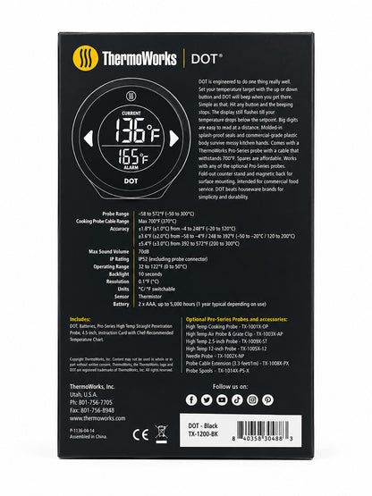 ThermoWorks DOT thermometer packaging with digital display and text on a black background