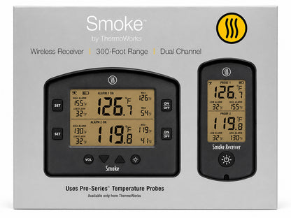 ThermoWorks Smoke digital thermometer packaging with two thermometers displayed on a white background