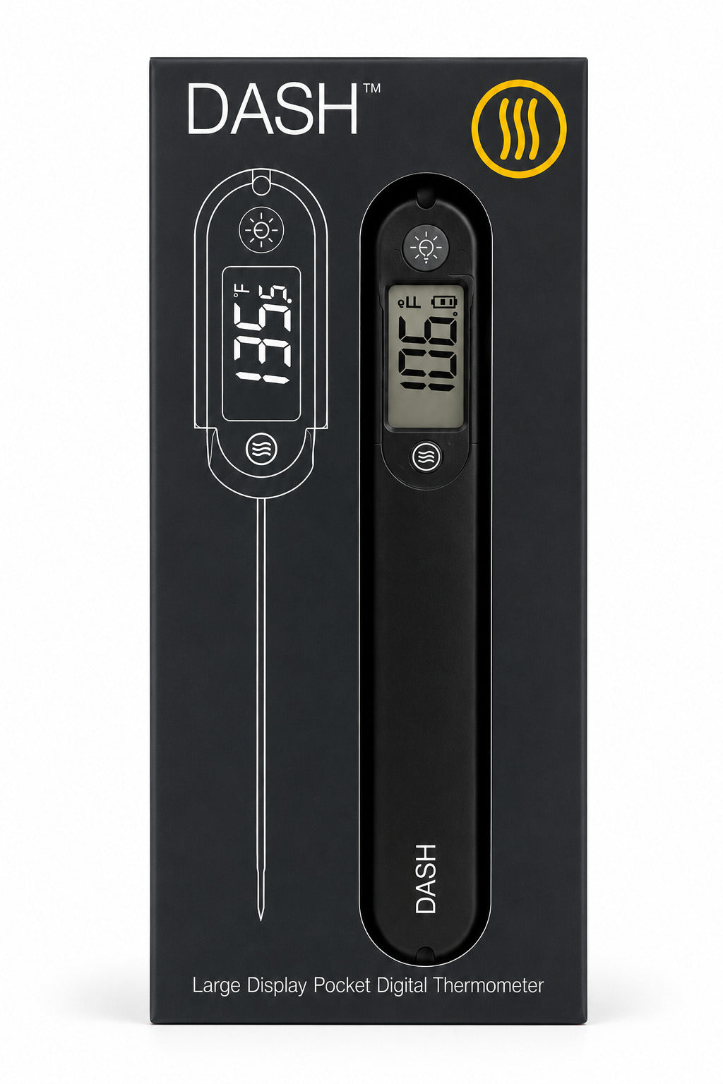 Black packaging of DASH digital thermometer with temperature display on a white background