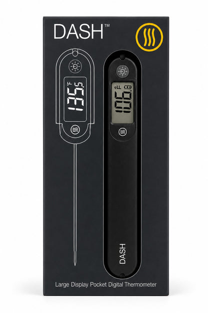Black packaging of DASH digital thermometer with temperature display on a white background