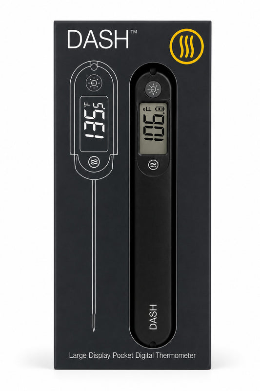 Black packaging of DASH digital thermometer with temperature display on a white background
