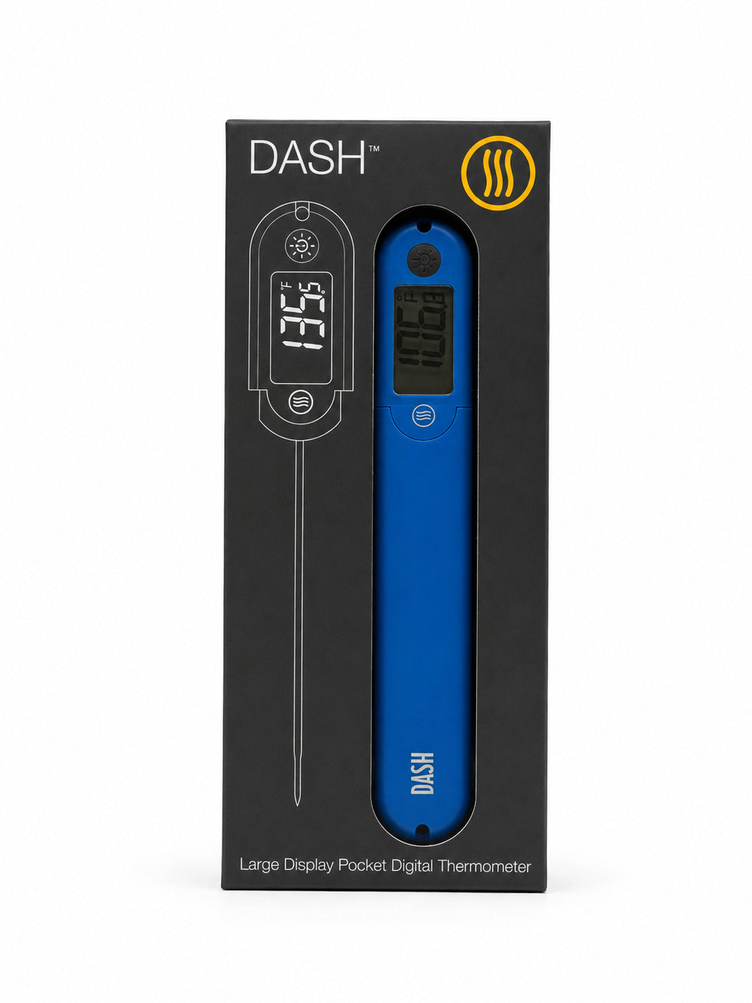 Blue digital thermometer in packaging with 'Dash' branding on a white background