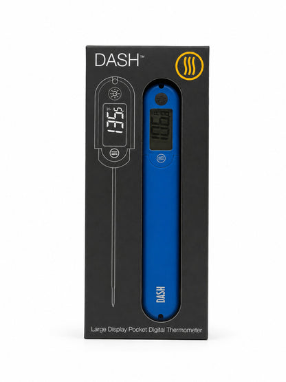 Blue digital thermometer in packaging with 'Dash' branding on a white background