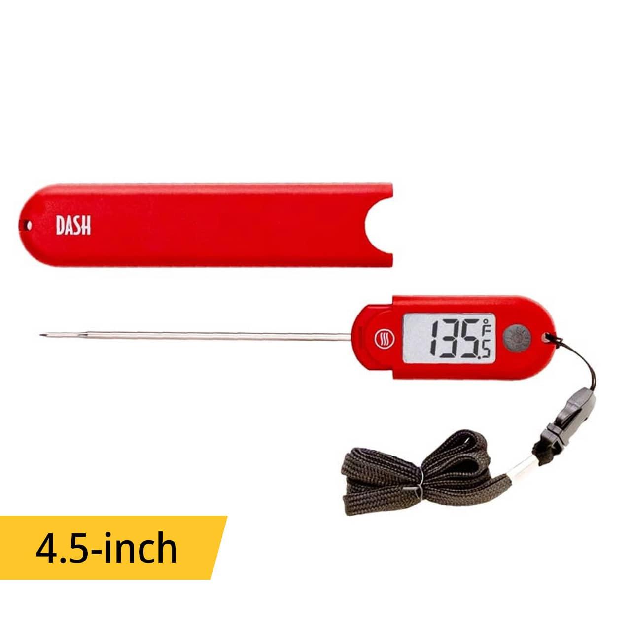 A red ThermoWorks Dash cooking thermometer with a digital display showing the temperature. The thermometer features a slim probe and is 4.