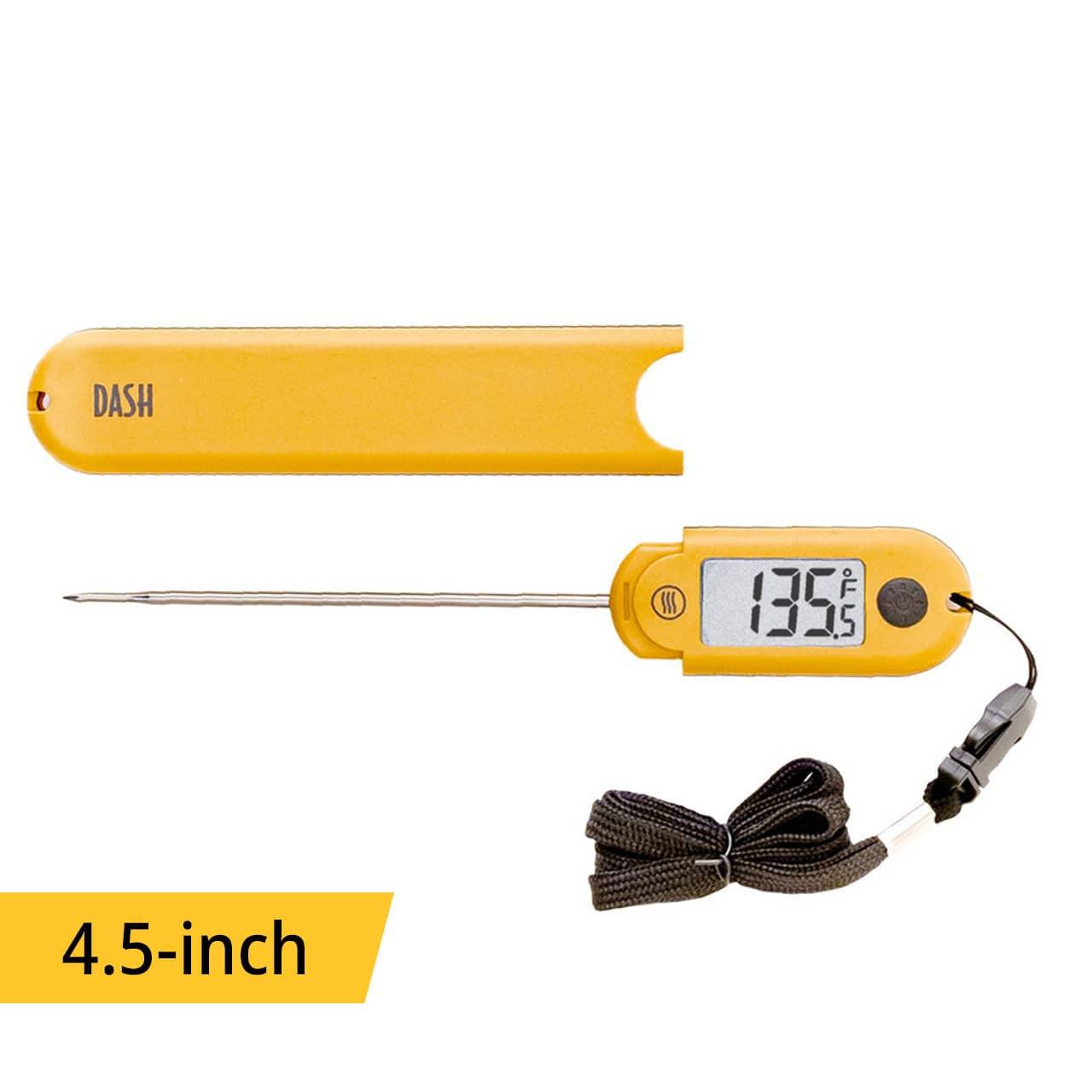 Thermoworks Dash yellow thermometer on a white background