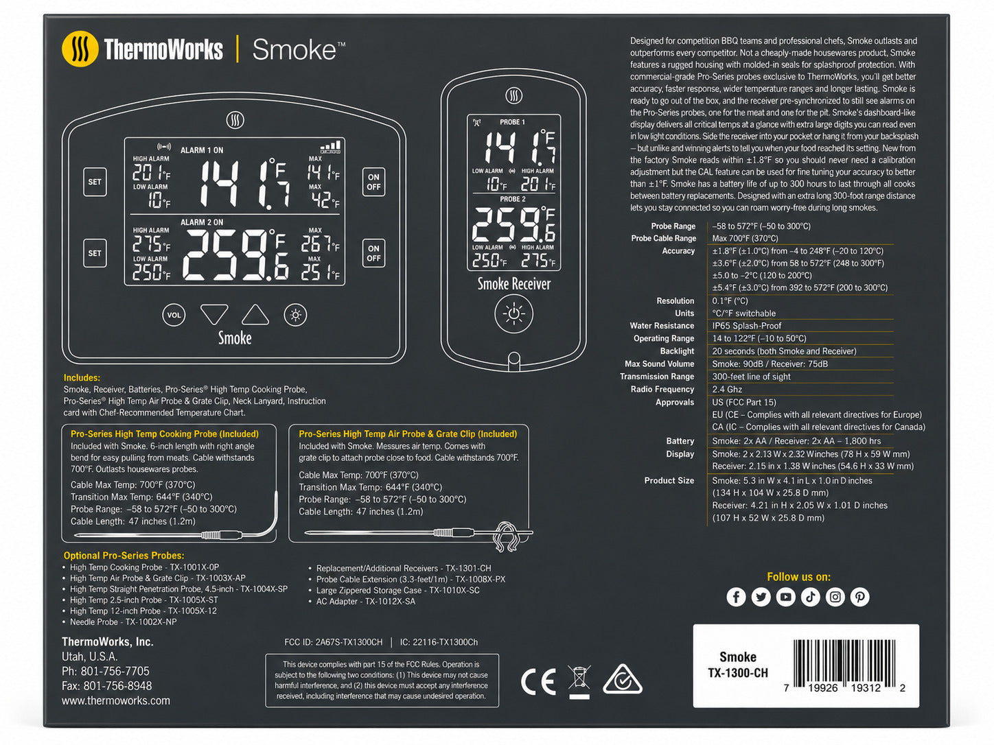 Thermoworks Smoke packaging with digital display and text on white background