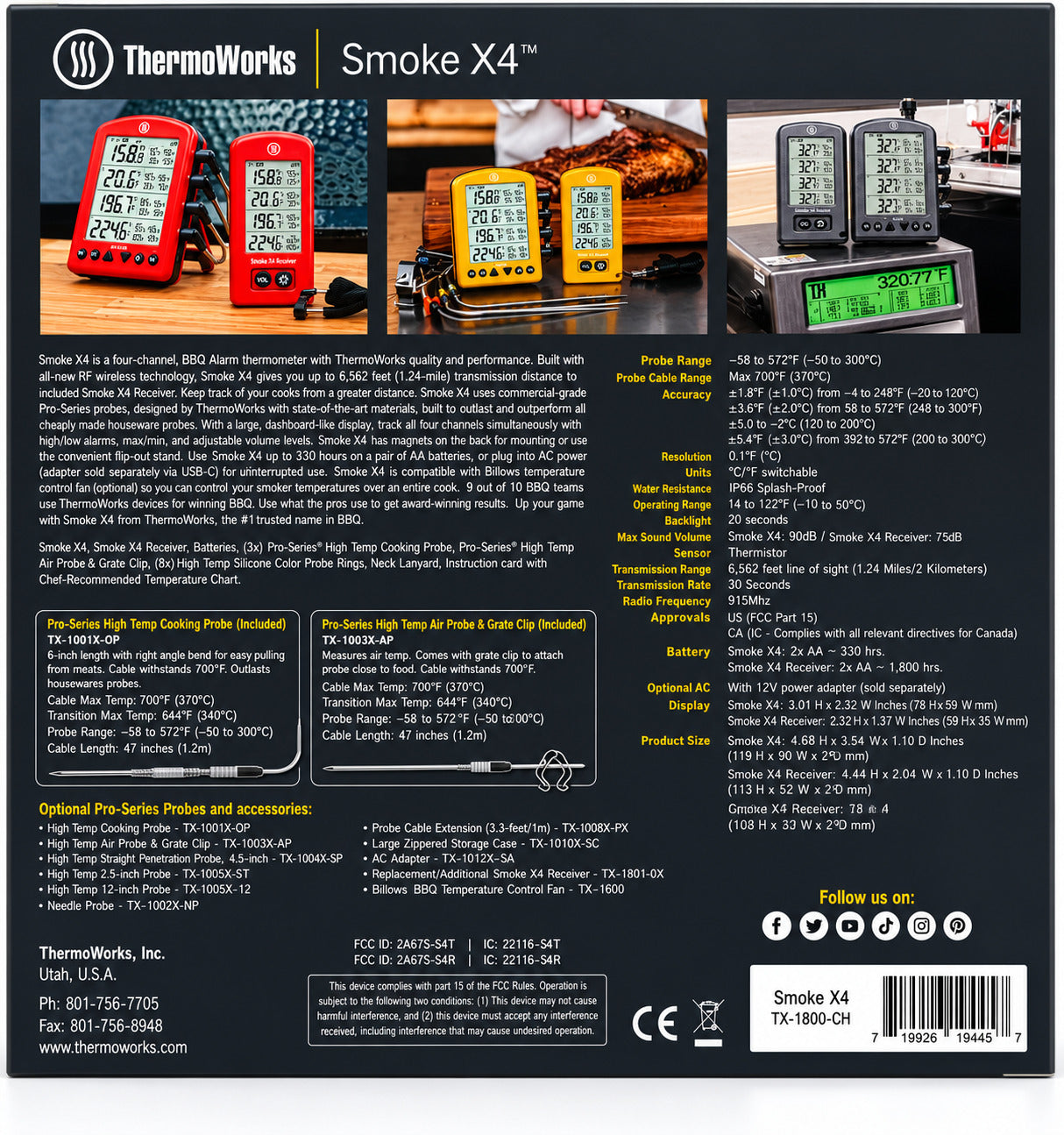 Back view of ThermoWorks Smoke X4 thermometer packaging with product details and images.