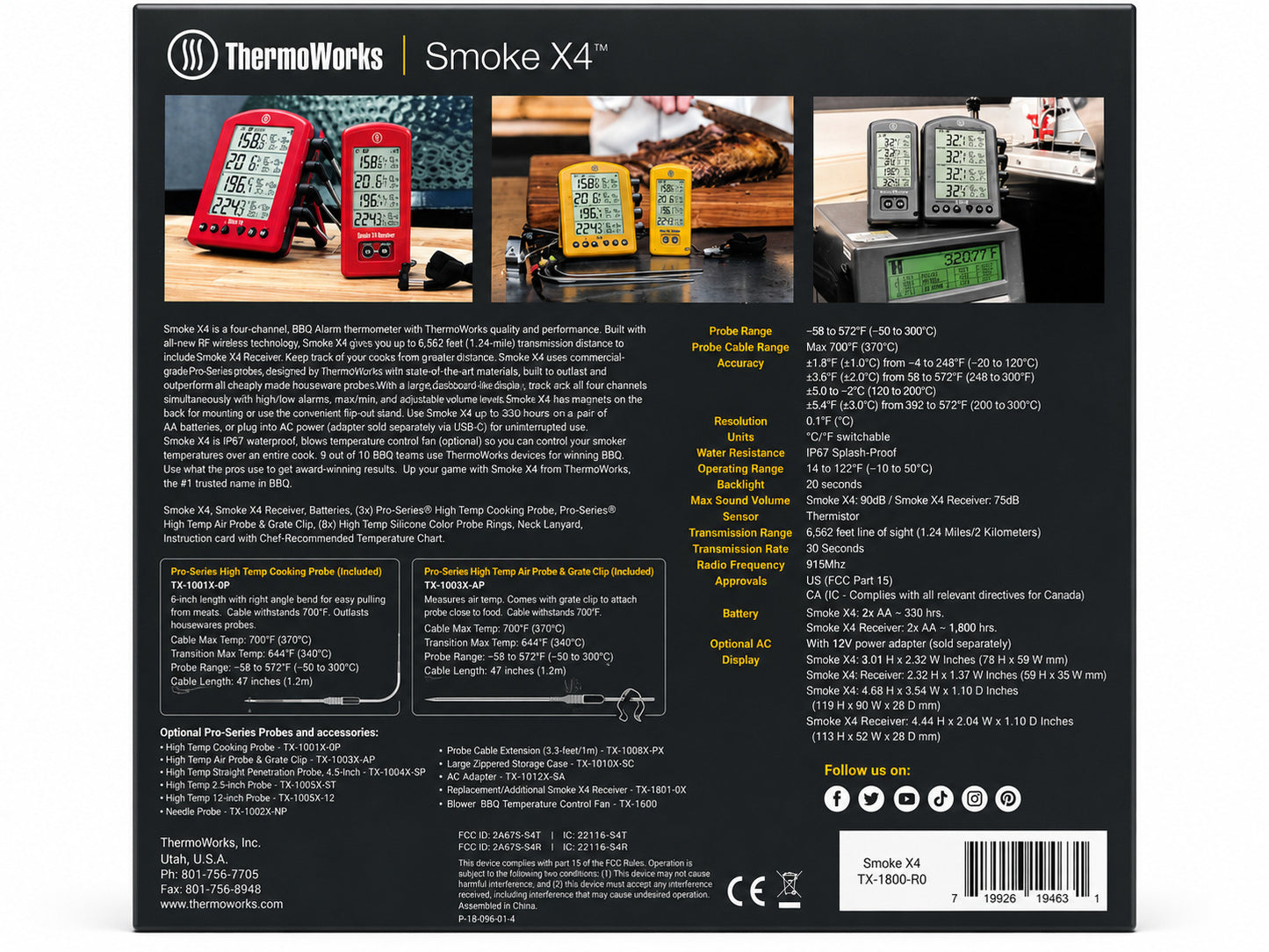 Thermoworks Smoke X4 thermometer packaging with product images and specifications.