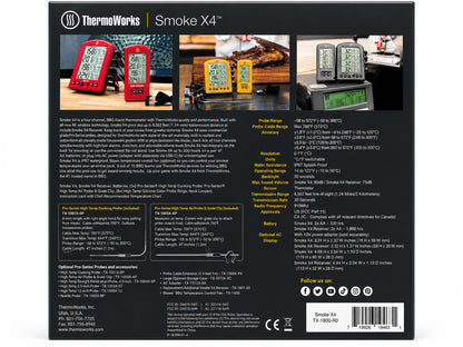 Thermoworks Smoke X4 thermometer packaging with product images and specifications.