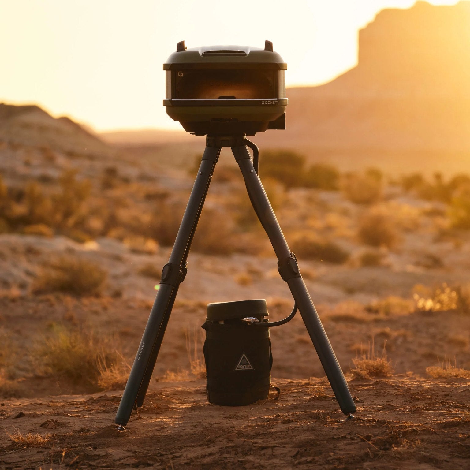 Gozney Tread Venture Stand with a 
pizza oven in the desert