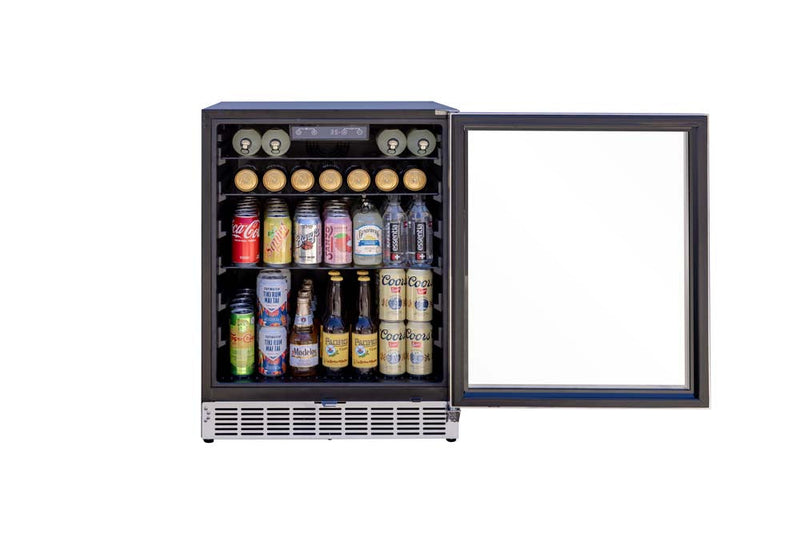 24"  Trueflame Outdoor Rated Refrigerator with Glass Door and Glass Shelves with door open on a white background