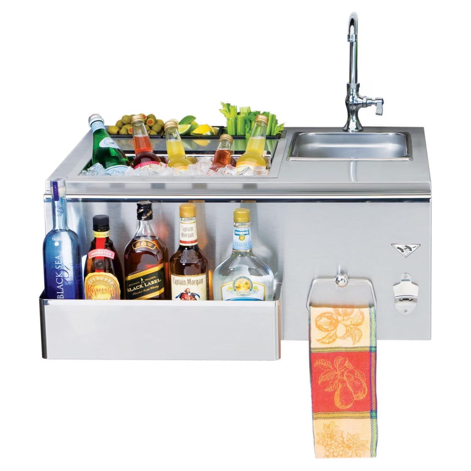 Twin Eagles beverage center with sink with bottles, ice, and a sink on a white background