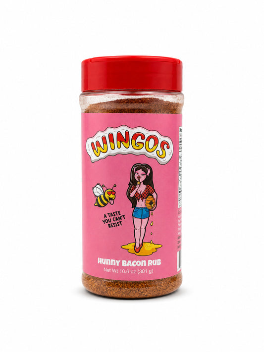 Wingos Hunny Bacon Rub seasoning jar with pink label and red lid on a white background