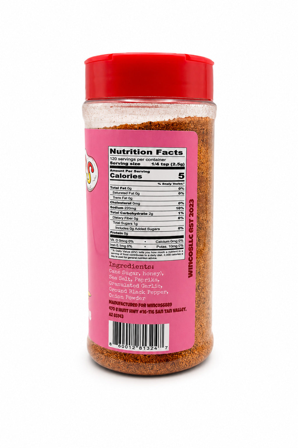 Wingos Hunny Bacon Rub bottle with a ingredients label on a white background