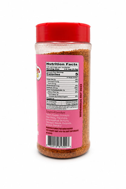Wingos Hunny Bacon Rub bottle with a ingredients label on a white background
