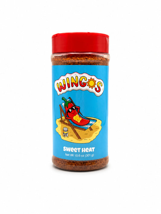 Wings Sweet Heat rub bottle with red lid and blue label on a white background
