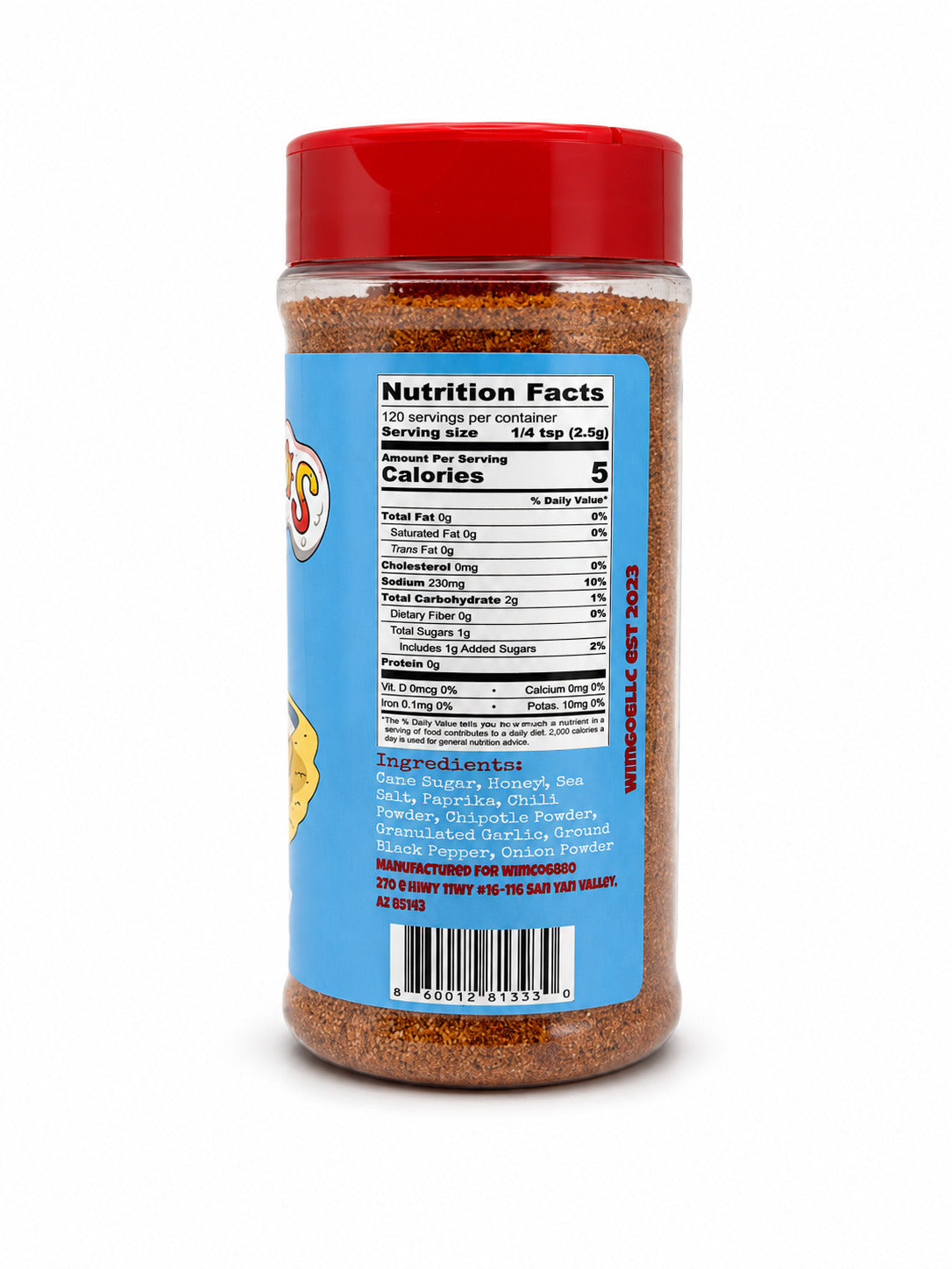 Wingos Sweet Heat Rub bottle with nutrition facts label on a white background