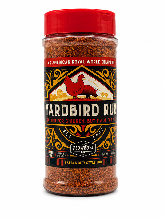 Yardbird Rub seasoning jar with red lid on a white background