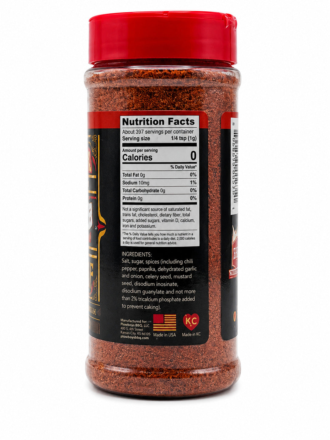 Spice jar with a red lid and nutritional label on a white background