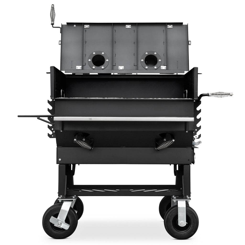 Yoder Smokers Charcoal Flat Top Grill with the lid open on a white background