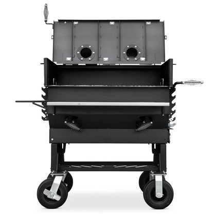 Yoder Smokers Charcoal Flat Top Grill with the lid open on a white background