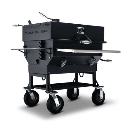 Yoder Smokers Charcoal Flat Top Grill from a side view on a white background