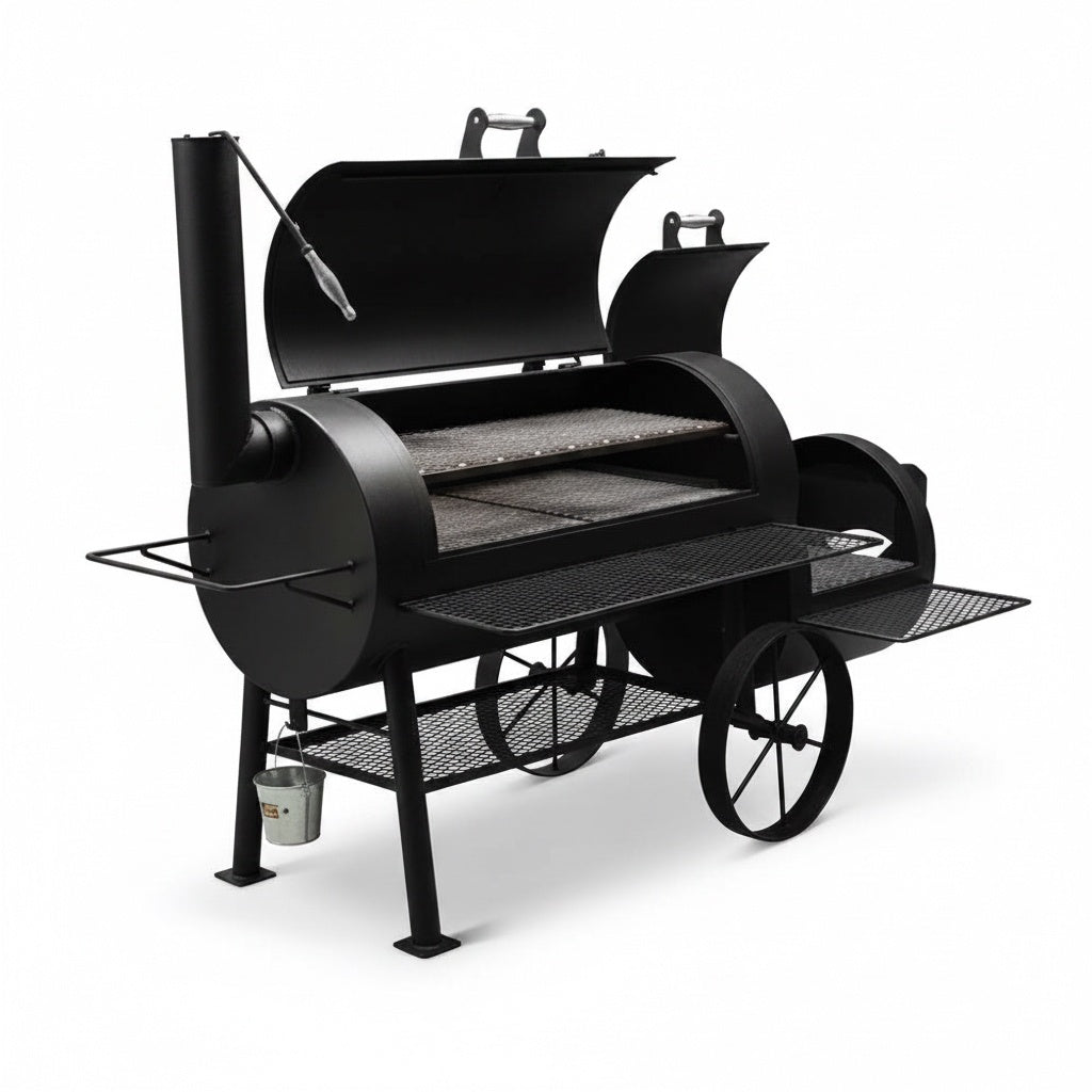 Yoder Smokers Kingman Offset with lids open on a white background