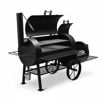 Yoder Smokers Kingman Offset with lids open on a white background