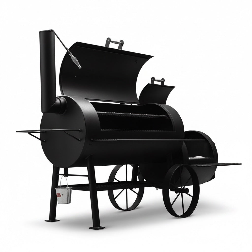 Yoder Smokers Kingman Offset with the lids open on a white background