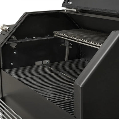 Close up of Yoder Smokers ys640s Pellet Smoker with the lid open on a white background