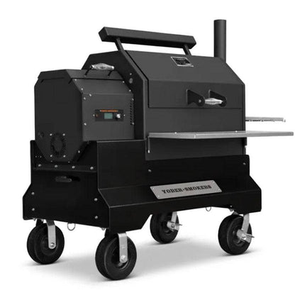 A Black Yoder Smokers ys640 Comp Cart with drawer on 8" Wheels on a white Background