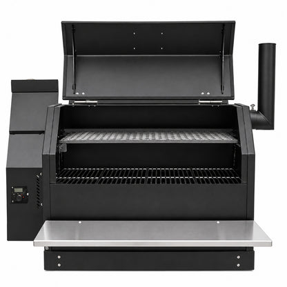 Yoder Smokers ys640s built in pellet smoker with lid open on a white background