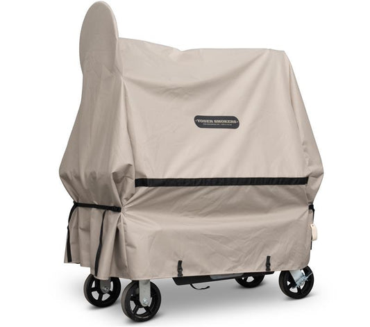 Beige grill cover with black trim on a white background