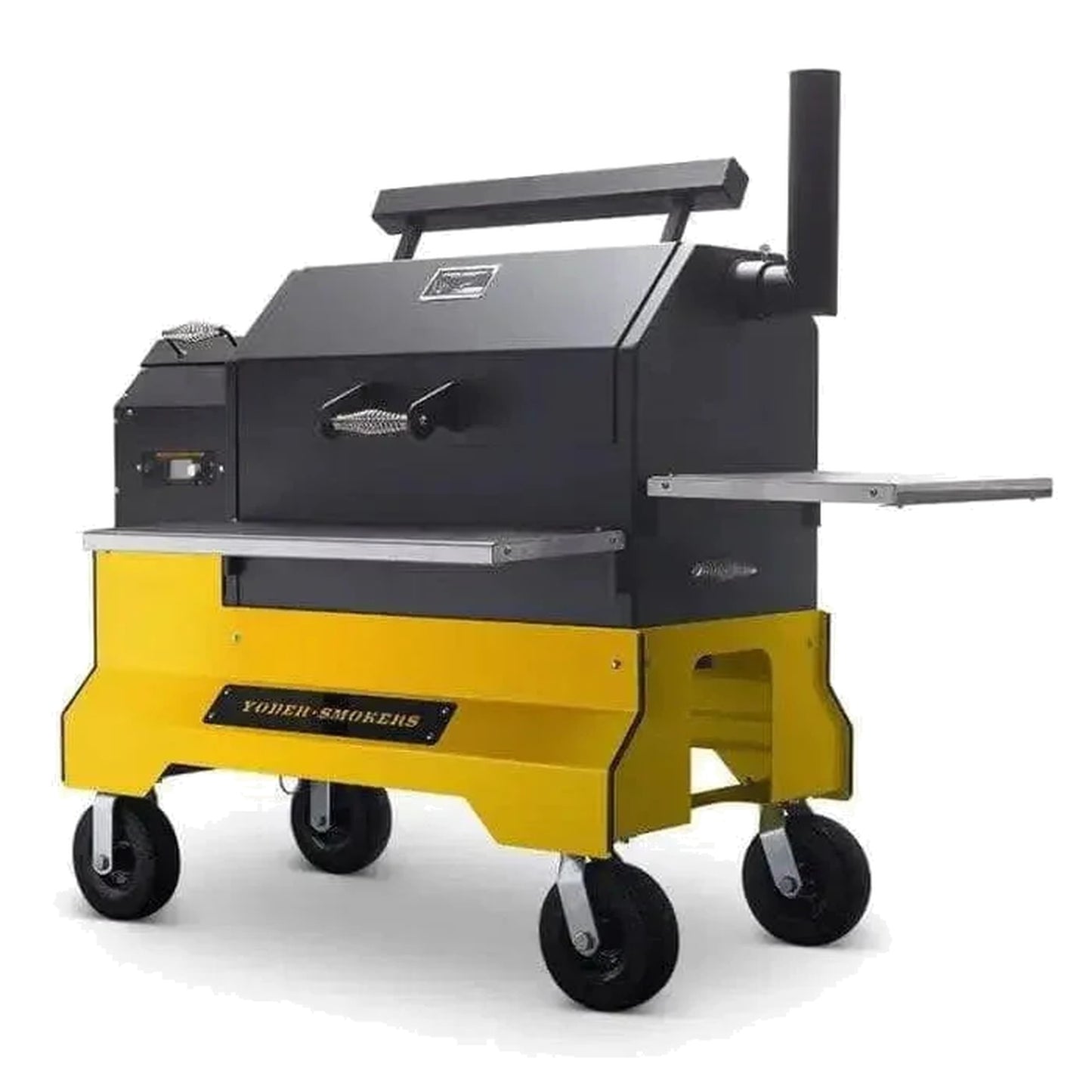 A Yellow Yoder Smokers ys640 Comp Cart with drawer on 8" Wheels on a white Background