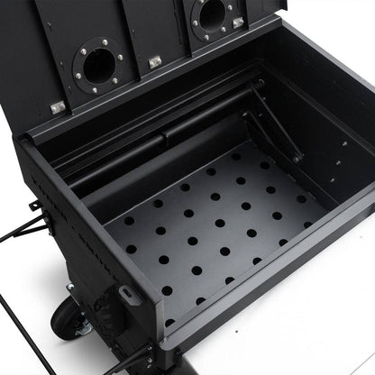 Close up Yoder Smokers Charcoal Flat Top Grill adjustable charcoal basket on a white background
