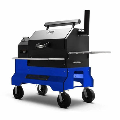 A Blue Yoder Smokers ys640 Comp Cart with drawer on 8" Wheels on a white Background